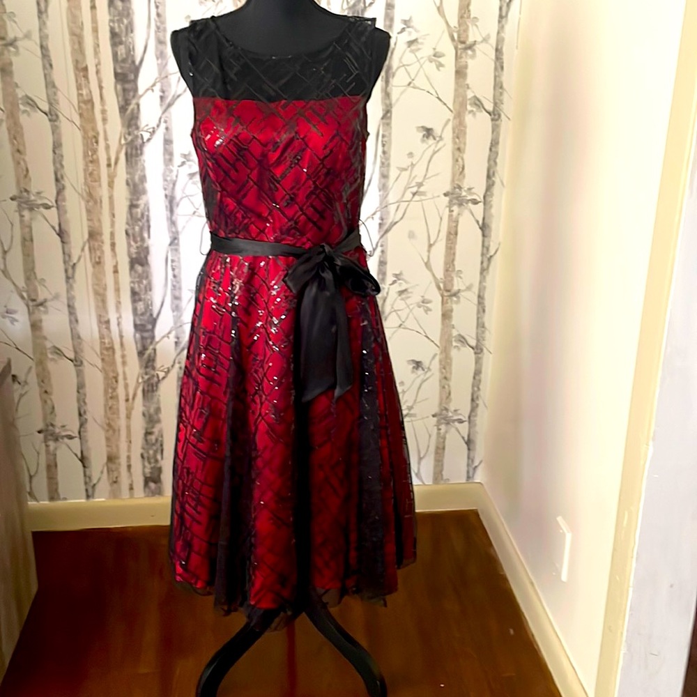 Red dress with see-through black over the top with black sequence